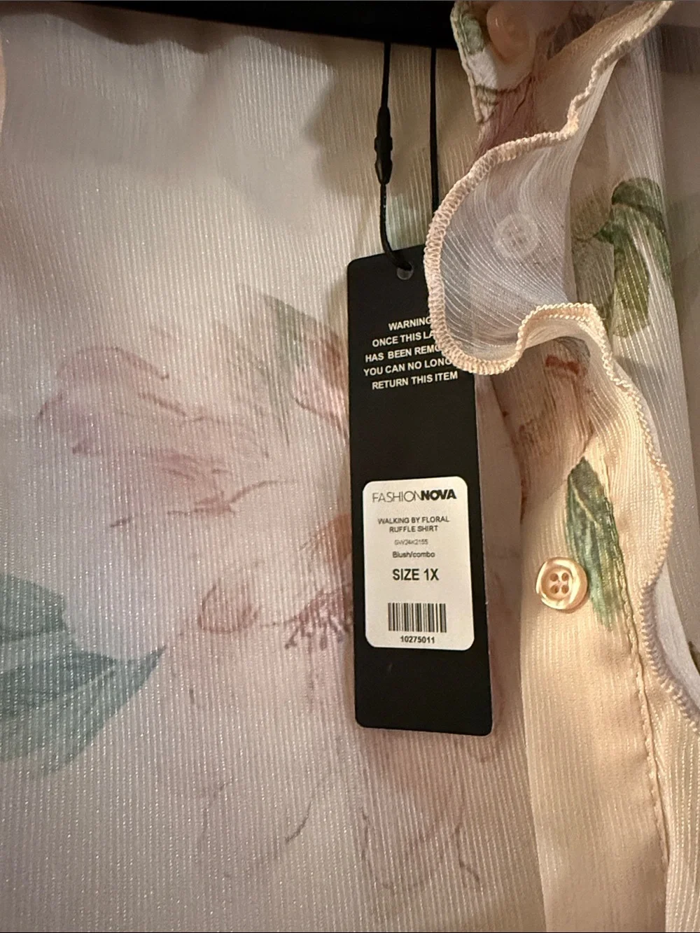 Fashion Nova Sheer Floral Ruffle Blouse - Pink & Green - Picture 2 of 3